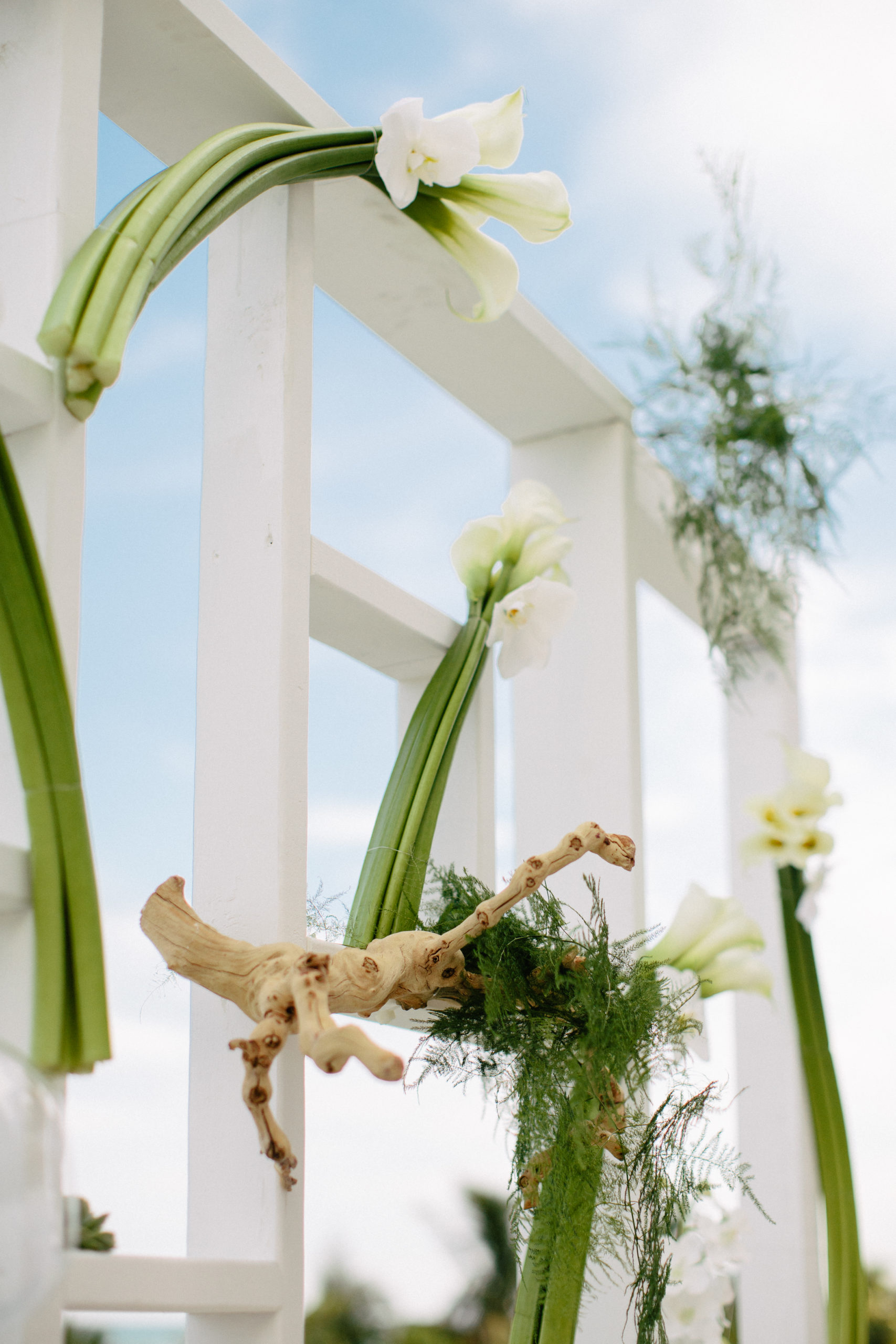 A Unique ceremony setup placed guest chairs around the couple to form an open circle encasing the couple and showcasing the custom ceremony structure with calla lilies, orchids, and greenery