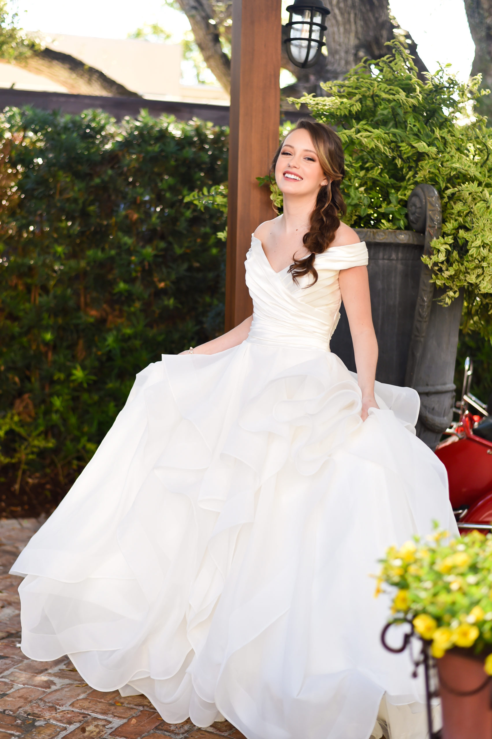 Dinsey wedding ideas and Beauty and the Beast wedding photos! Belle wear a beautiful Maggie Sottero off the shoulder wedding gown