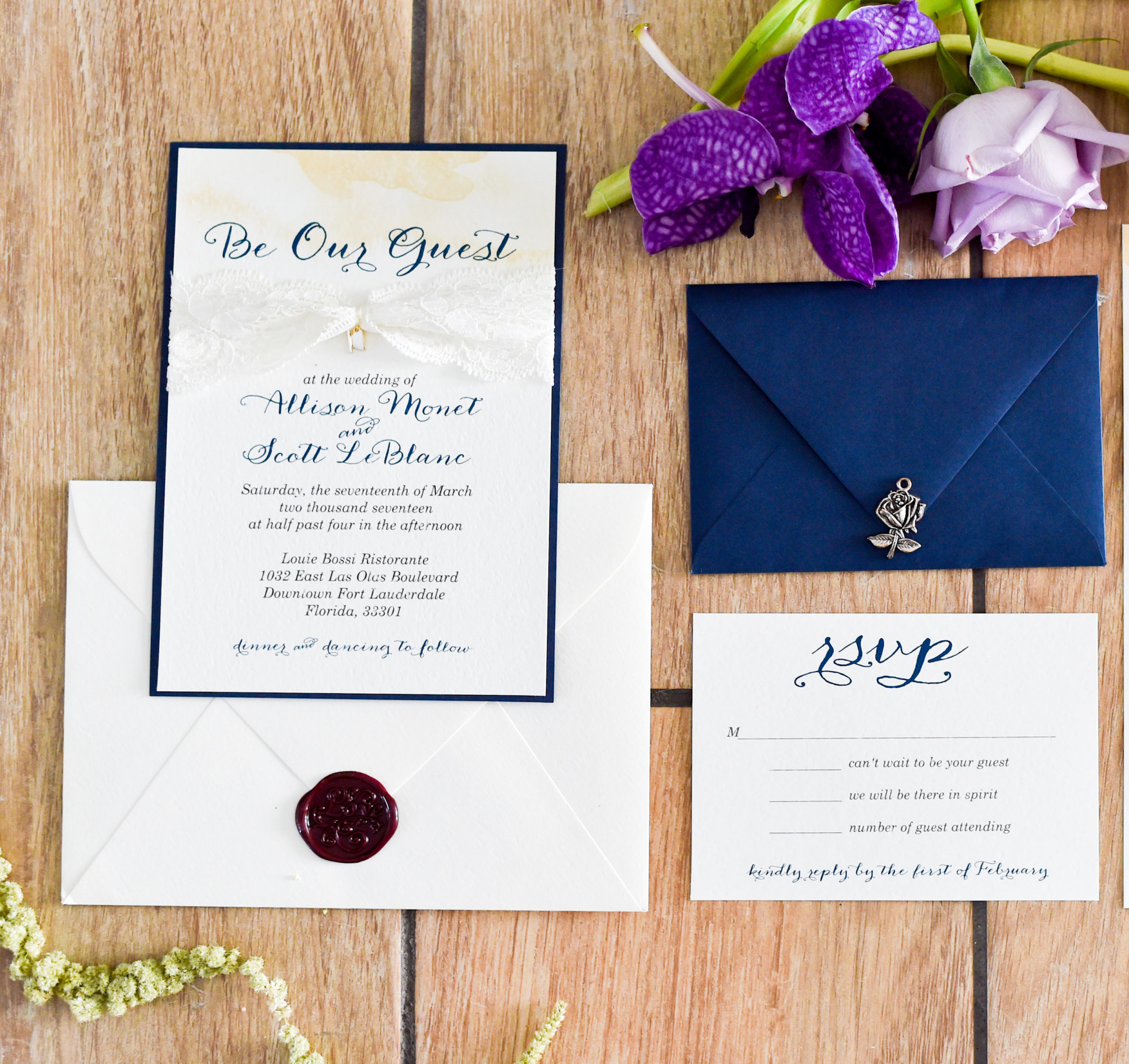 Need Disney wedding ideas for your wedding invitations? The perfect navy and script Beauty and the Beast wedding invitation