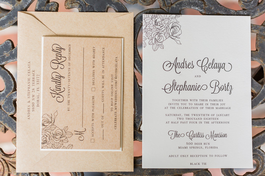 The craft and ivory wedding invitation pairing matched the wedding design perfectly. The simple ink printed font pairings were a great match