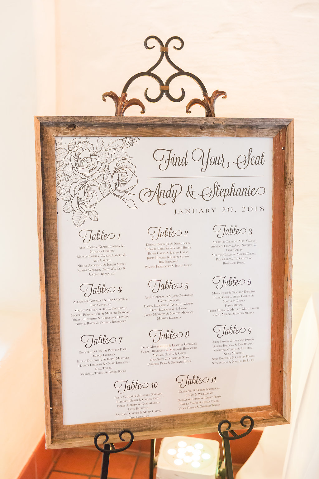 The wedding had a large seating chart, framed and placed on an easel
