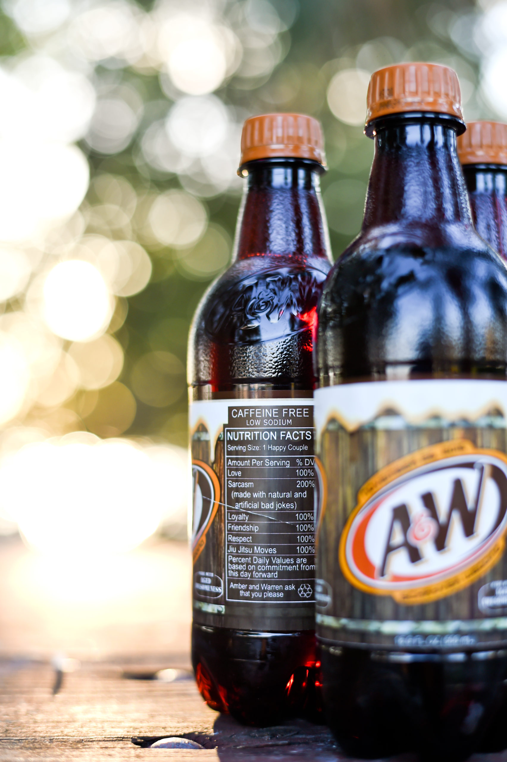 The wedding favors were custom labeled root beer bottles with the couple's information and a custom ingredient list