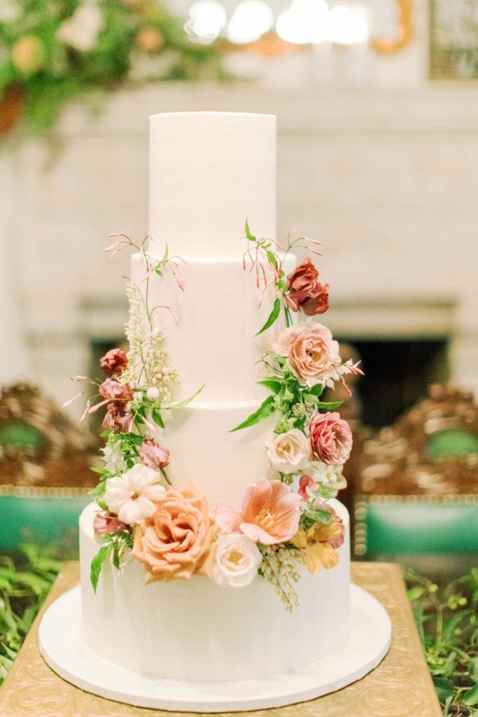 buttercream wedding cake with flower decorations on the front