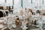 east miami wedding reception with gray linens, gold centerpieces, and candles