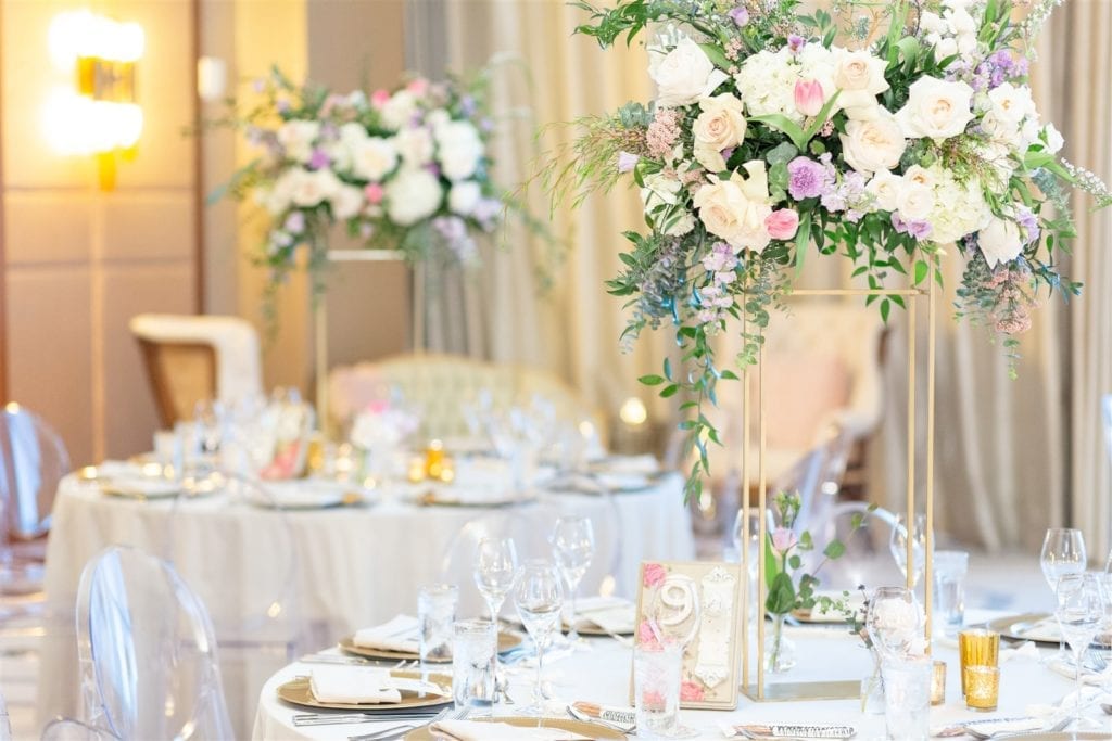 tall marie antoinette centerpieces with blush, lavender and ivory flowers