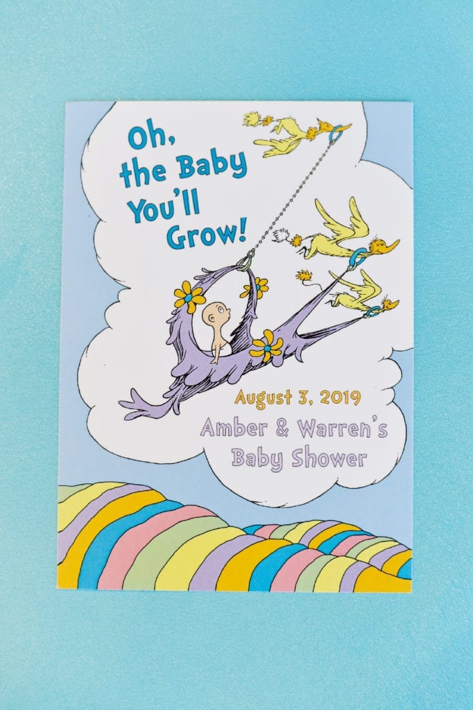 Dr. Seuss themed baby shower Oh The Places You’ll Go invitation with rhyming lyrics designed by Oh My Occasions