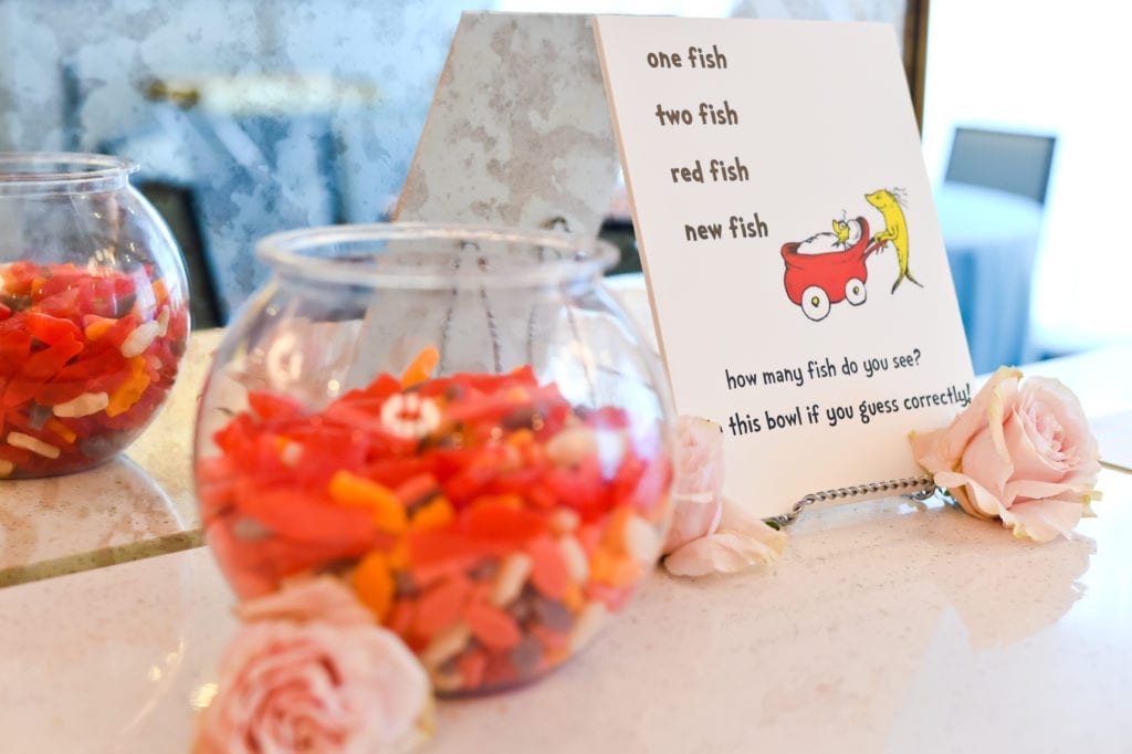 Dr. Seuss themed baby shower Oh The Places You’ll Go baby shower fun game to guess how many fish in a bowl One Fish Two Fish