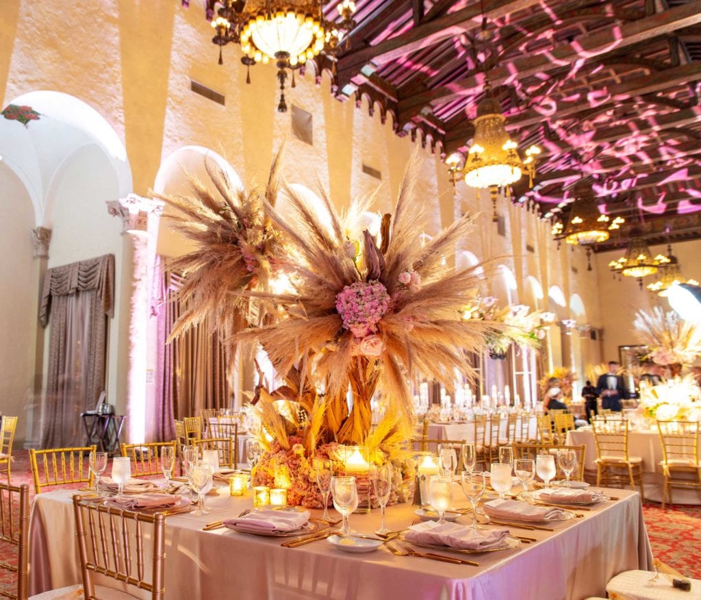 Pampas grass centerpiece and reception table.