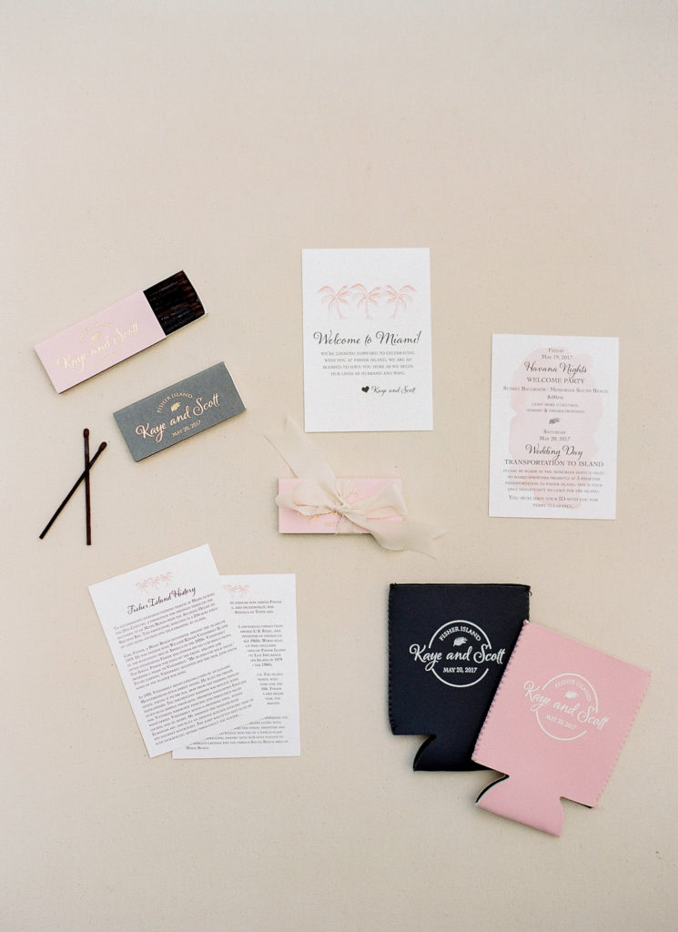 Invitation suite with matches and monogramed gifts.