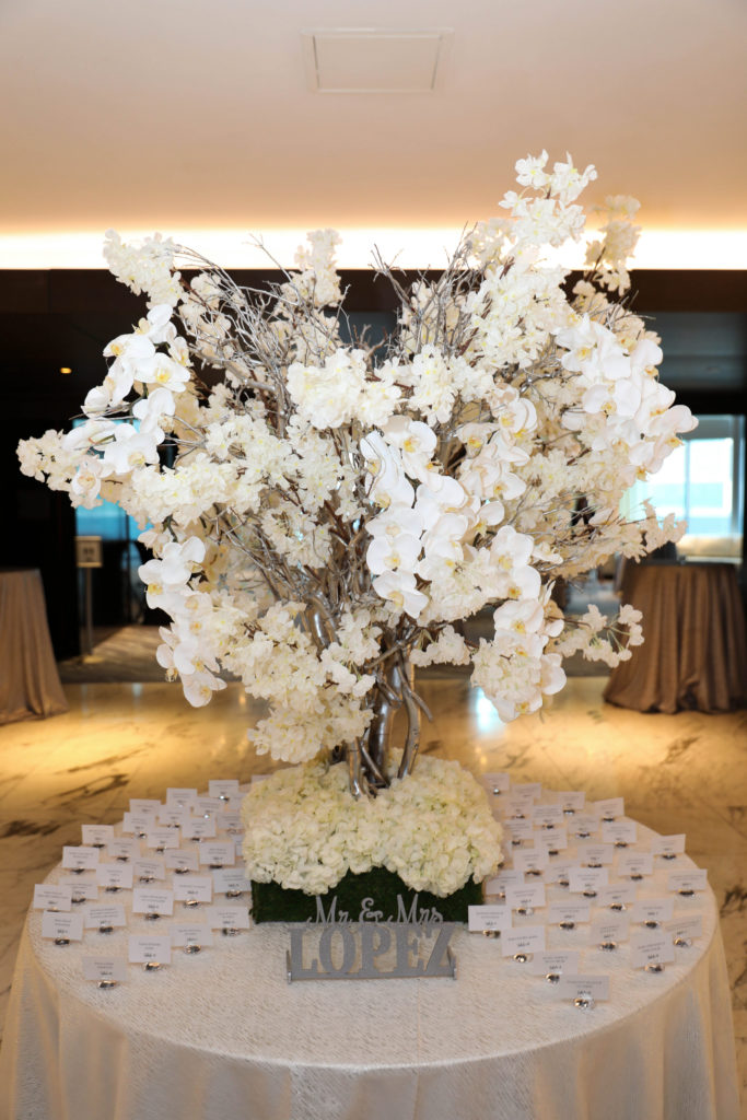 Beautiful orchid centerpiece for seating arrangement place cards at the Kimpton EPIC Hotel, planned by Oh My Occasions
