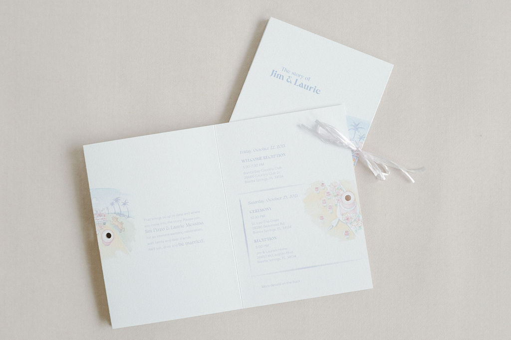 Beautiful wedding invitation that describes the couple's love story through custom watercolor illustrations