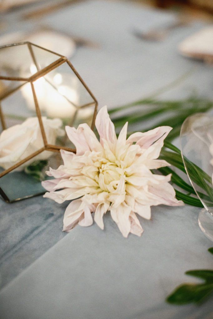 Soft pink dahlias used to decorate the blue velvet table with green leaves and candle light at Indian Creek Country Club planned by Oh My Occasions.
